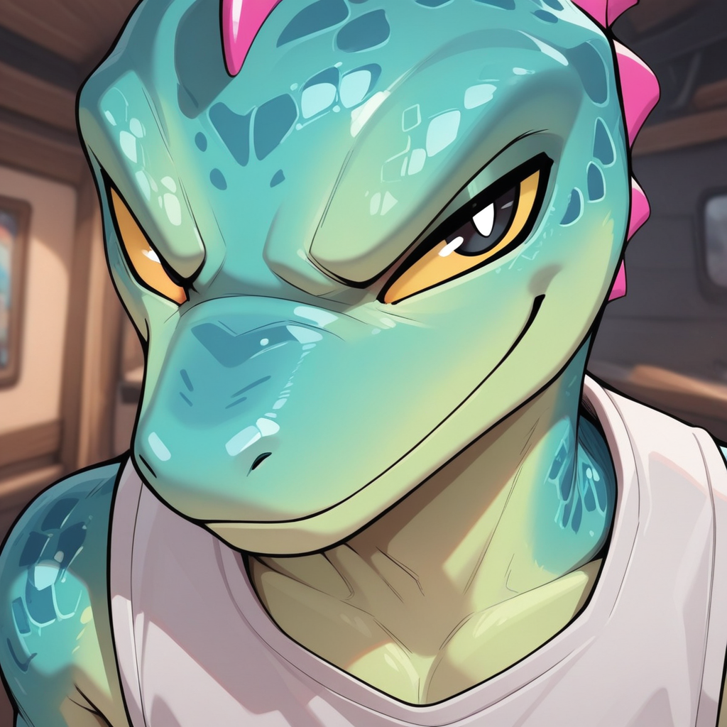 masterpiece, best quality, amazing quality, absurdres, hi res, high quality, 4K, L1zzik, fortnite, furry, green scales, sleeveless white crop shirt, 1boy, solo, male, slim body, detailed eyes, yellow sclera, black pupils, front view, close-up shot, smirk, seducive smile, detailed background,half-body portrait,head portrait