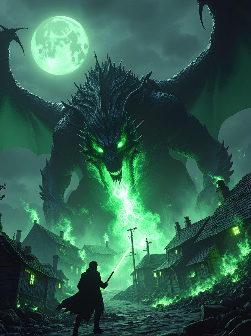 Newfantasycore. This is a highly detailed, digital artwork showing a massive, ghostly dragon attacking a small village under a moonlit sky. The dragon’s body is covered in jagged black scales veined with glowing green light, radiating an eerie, spectral aura. Its eyes burn with ghostly flames as it unleashes a torrent of shimmering green fire that engulfs the village, the flames swirling with translucent spirits that rise into the night.

The village is in chaos—houses crumble under the onslaught, ghostly fire consuming rooftops while terrified villagers flee. The dragon’s enormous wings stretch across the sky, casting a shadow that engulfs the entire scene. A lone figure stands in the foreground, gripping a glowing weapon, their stance defiant despite the overwhelming destruction. The atmosphere is charged with fear, the haunting glow of spectral fire illuminating the devastation.