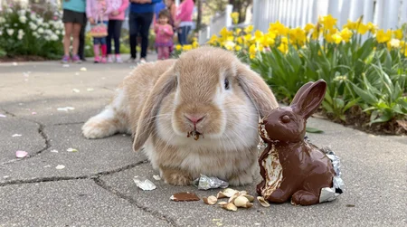 A photo of a real rabbit, head is small and rounded, soft fur covering the face, short symmetrical whiskers, small pink nose slightly upturned, nostrils relaxed, large round eyes half-lidded with dark brown irises, pupils centered, expression dazed and blissful, ears flopped outward on the ground, inner ear skin visible, slightly translucent with a pinkish hue, outer fur smooth. Mouth slightly open, lips and chin smeared with melted chocolate, smudges covering the lower cheeks, a small glob stuck to a whisker. Neck reclined into soft fur, shoulders sunken, forelegs splayed outward, front paws stained with chocolate, toes limp. Chest faintly puffed, belly visibly rounded, overstuffed and bloated from overeating, fur stretched tight. Hind legs extended and relaxed, haunches soft, back paws angled outward, toes spread slightly. Tail flattened beneath the body. Beside him, a half-eaten chocolate bunny with bite marks, ears missing, melted chocolate pooled near wrappers, foil crumpled and stuck in the grass. Background shows a cracked suburban sidewalk, tufts of grass pushing through, spring morning light casting soft shadows. Scattered petals on the ground, blooming tulips and daffodils lining the walkway, low white picket fence in the back. Three kids and an adult nearby, hands clasped, cheeks lifted in smiles, eyes wide, mouths open mid-“aww,” visibly charmed by the scene