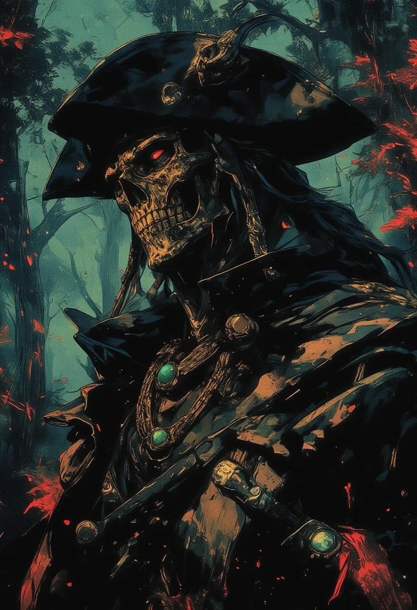 Pirate captain, musket, fog-laden forest, skeletal crew, gold chains, emerald buttons, life staff glowing, reviving fallen trees, autumn leaves, life and death balance.
, the dark and moody background adds a dramatic tone, with subtle lighting highlighting metallic surfaces