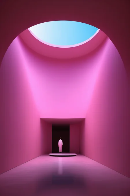 <lora:James Turrell Style:1>James Turrell Style - imagine imagine Generate an illustration that integrates the architectural forms of the Bauhaus with the light and space of James Turrell. 16K