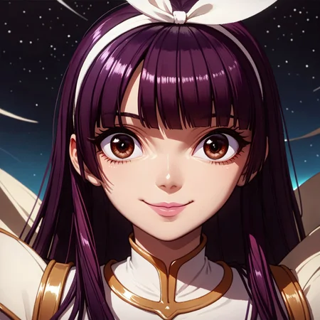 score_9, score_8_up, score_7_up, 1girl, long_hair, brown_eyes, purple_hair, white hairband, bangs, solo, smiling, pink lips, beautiful, make-up, eye_focus, big eyes, solo, looking_at_viewer, shiny skin, in space