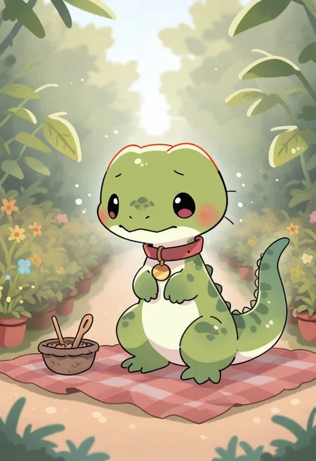 (masterpiece, best quality, high quality, highres), very awa, highres, absurdres,
(naguru \(cyoroama\), (chii-kun \(seedyoulater\):0.7), 
pikaole, cute, animal focus,
(lizard:1.1), (cute:1.1), (lop-eared:0.8),
dog collar,
embarassed, tired,
working in a garden,
cozy farm