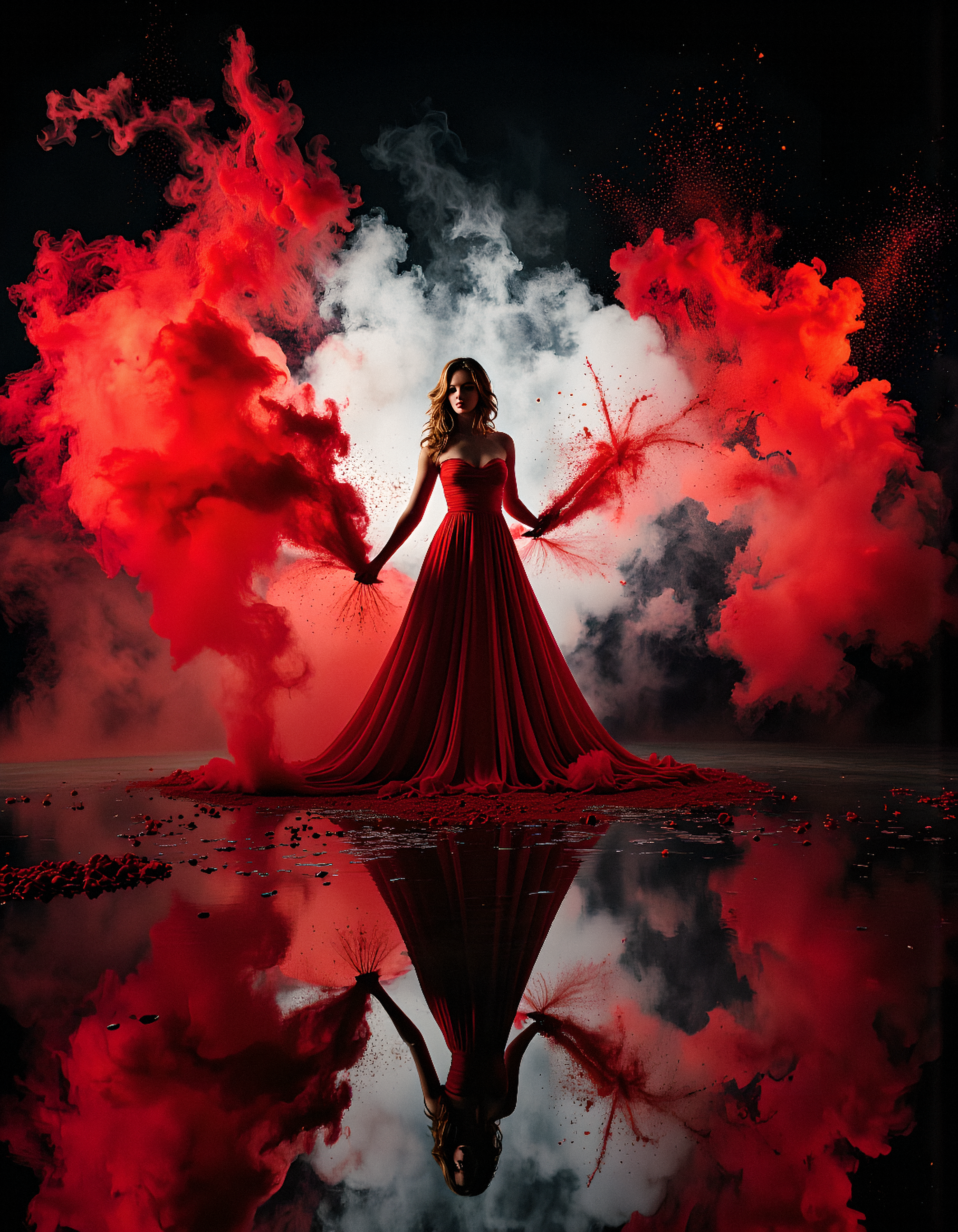 Photograph of a beauty woman formed by red and white sand explosions in a dark room creating intricate reflections, captured with a slow shutter speed and creating an intense and vibrant visual effect, stylish, glamorous, high-fashion, dynamic poses, shot with a portrait lens, photorealistic, editorial fashion    <lora:Mar1a_rank128_fp16-step02250:1> <lora:Synesthesia:0.4> <lora:Dark_side_of_light:0.4> <lora:Hocus_Pocus:0.6> <lora:Defluxion_II:0.4>