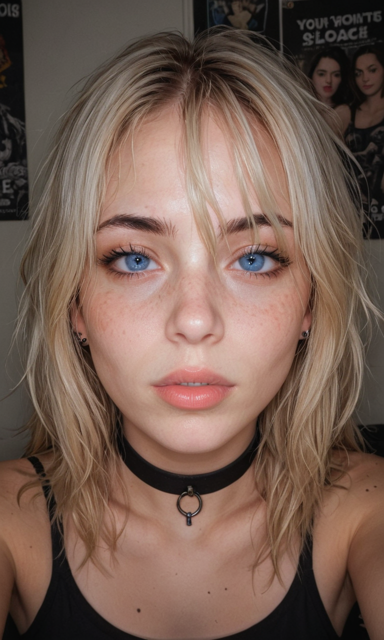4k selfie with a excited expression, goth girl, deep focus, split-diopter lens, focus on her eyes, choker, cluttered bedroom, posters on walls, warm lighting, long shaggy blonde, bangs between eyes, dark blue eyes, freckles, blush, natural lips, natural eyes, messy hair, black eyebrows, piercings, tattoo, taking a selfie, bent forward,