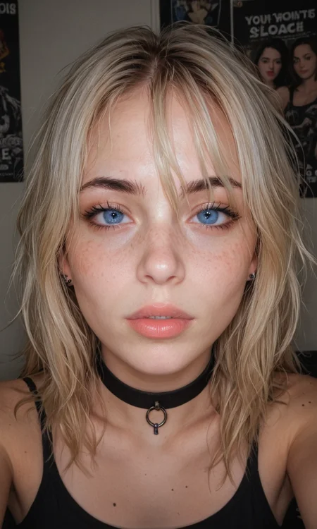 4k selfie with a excited expression, goth girl, deep focus, split-diopter lens, focus on her eyes, choker, cluttered bedroom, posters on walls, warm lighting, long shaggy blonde, bangs between eyes, dark blue eyes, freckles, blush, natural lips, natural eyes, messy hair, black eyebrows, piercings, tattoo, taking a selfie, bent forward,