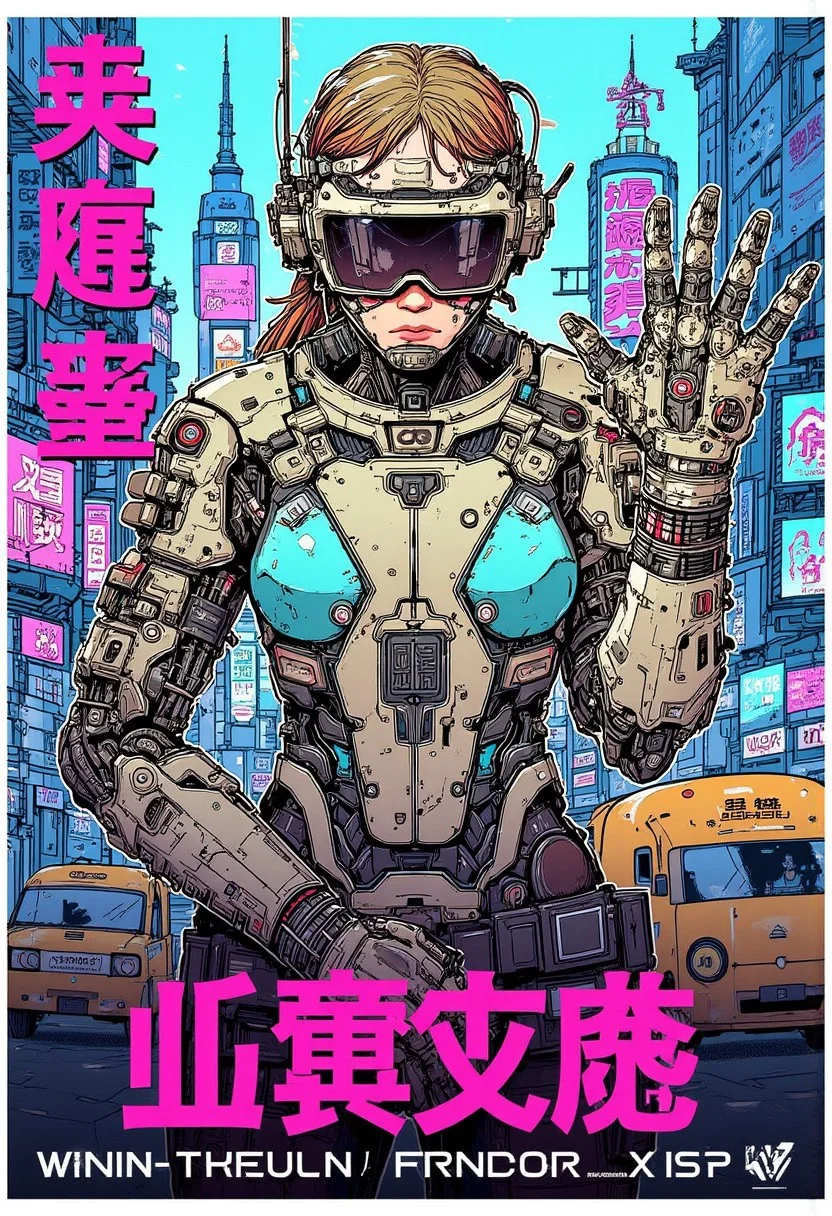 anime poster image featuring a cyborg female warrior, posing for the camera with a cyberpunk city backdrop, in the style of cybermono_style. The image is vibrant and intense with no text in it