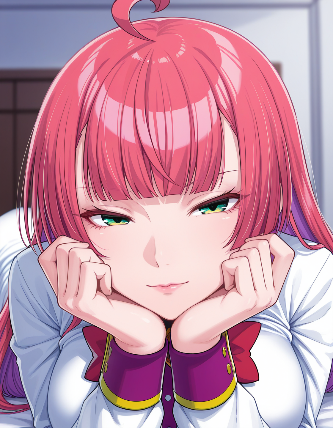 1girl, solo, mitsumoto dia, pink hair, long hair, ahoge, blunt bangs, green eyes, lips, light smile, narrowed eyes, large breasts, white shirt, center frilles, red bow, long sleeves, purple wristband, head rest, hands on own chin, lying, on stomach, on bed, (face focus, foreshortening, depth of field:1.2), indoors, light theme <lora:mitsumoto_dia_ilxl_v1:0.7>