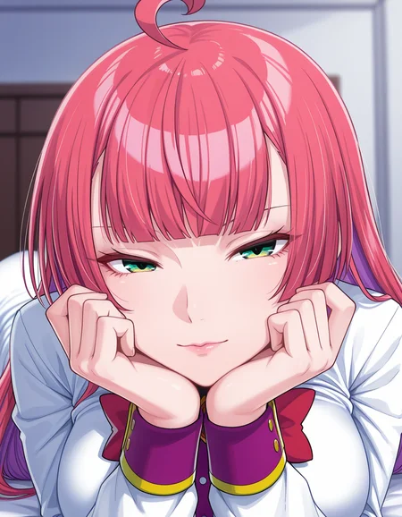1girl, solo, mitsumoto dia, pink hair, long hair, ahoge, blunt bangs, green eyes, lips, light smile, narrowed eyes, large breasts, white shirt, center frilles, red bow, long sleeves, purple wristband, head rest, hands on own chin, lying, on stomach, on bed, (face focus, foreshortening, depth of field:1.2), indoors, light theme <lora:mitsumoto_dia_ilxl_v1:0.7>