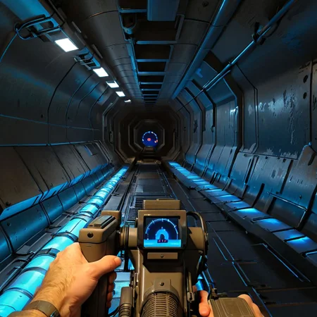 crawling through a metal ductway with a m314mtn blue glow, m314mtn, holding_tracker, holding, pov, trackerscreen