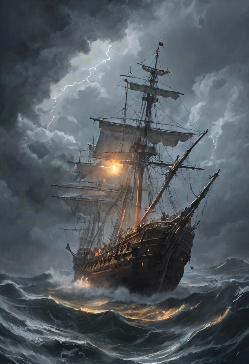 Amidst the fury of a tempestuous night, a mighty galleon struggles against the relentless storm. Towering waves crash violently against its hull, sending sprays of seawater high into the air. The wind howls fiercely, tearing through the ship's sails and forcing them to flap wildly like desperate wings. Bolts of lightning crackle across the dark sky, momentarily illuminating the chaotic scene and casting eerie shadows on the turbulent waters. Thick, swirling clouds obscure the moon, plunging the night into a deeper darkness. The galleon's masts creak under the strain, and the rigging snaps in the gale as the vessel is tossed by the ferocious wind and waves. The ship's crew, mere silhouettes against the flashes of lightning, scramble to secure the sails and maintain control of their battered ship. Despite the overwhelming odds, the galleon presses on, a testament to the indomitable spirit of those who sail the treacherous seas. This powerful image captures the raw, untamed forces of nature and the resilience of the galleon as it battles through the stormy night, romantic impressionism, dream scenery art, beautiful oil matte painting, romantic, style of thomas kinkade, beautiful digital painting, anime landscape, romantic painting, thomas kinkade style painting, dreamlike digital painting, colorful painting, beautiful gorgeous digital art, style thomas kinkade
