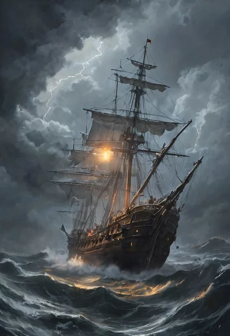 Amidst the fury of a tempestuous night, a mighty galleon struggles against the relentless storm. Towering waves crash violently against its hull, sending sprays of seawater high into the air. The wind howls fiercely, tearing through the ship's sails and forcing them to flap wildly like desperate wings. Bolts of lightning crackle across the dark sky, momentarily illuminating the chaotic scene and casting eerie shadows on the turbulent waters. Thick, swirling clouds obscure the moon, plunging the night into a deeper darkness. The galleon's masts creak under the strain, and the rigging snaps in the gale as the vessel is tossed by the ferocious wind and waves. The ship's crew, mere silhouettes against the flashes of lightning, scramble to secure the sails and maintain control of their battered ship. Despite the overwhelming odds, the galleon presses on, a testament to the indomitable spirit of those who sail the treacherous seas. This powerful image captures the raw, untamed forces of nature and the resilience of the galleon as it battles through the stormy night, romantic impressionism, dream scenery art, beautiful oil matte painting, romantic, style of thomas kinkade, beautiful digital painting, anime landscape, romantic painting, thomas kinkade style painting, dreamlike digital painting, colorful painting, beautiful gorgeous digital art, style thomas kinkade