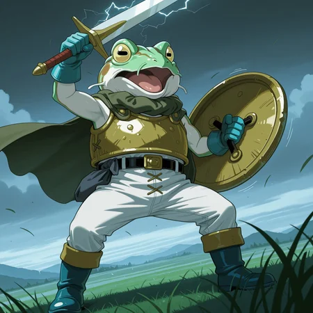 2d, solo, CTFrog, Frog, male, 1boy, anthro, yellow sclera, black pupils, horizontal pupils, green skin, white skin, brown skin, multicolored body, armor, green cape, golden breastplate, white pants, belt, belt buckle, blue gloves, blue boots, sleeveless,
BREAK best quality, amazing quality, very aesthetic, absurdres, newest, masterpiece, holding sword in one hand, cool pose, dynamic angle, holding golden shield in other hand, windy, grass, outside, outdoors, cloudy, thunder, (angry expression), open mouth, motion lines