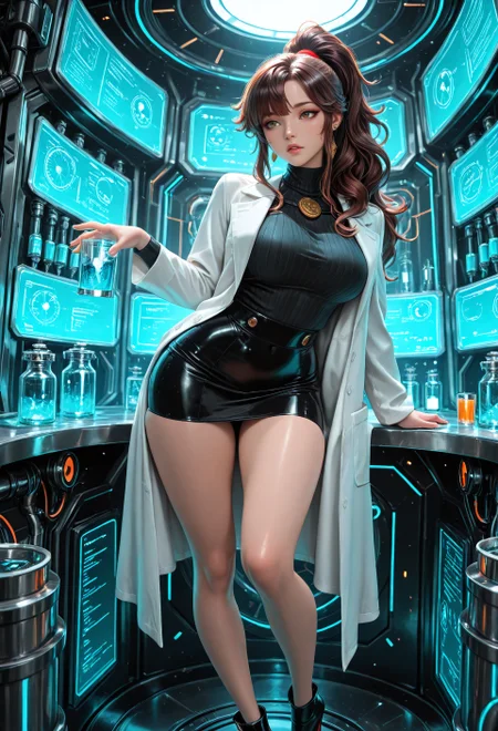 A beautiful and intelligent brunette woman, working in a high-tech laboratory. She has long, wavy chestnut hair tied in a loose ponytail, piercing hazel eyes, and full lips. She wears a fitted white lab coat unbuttoned over a sleek black turtleneck and tight pencil skirt, with high heels. Her expression is focused yet confident as she handles advanced scientific equipment. The lab is futuristic, filled with neon-lit machines, holograms, and glass containers with mysterious liquids. Moody cinematic lighting, ultra-realistic details, hyper-detailed skin texture, and a slight sci-fi noir atmospher.
SmoothNoob_Quality