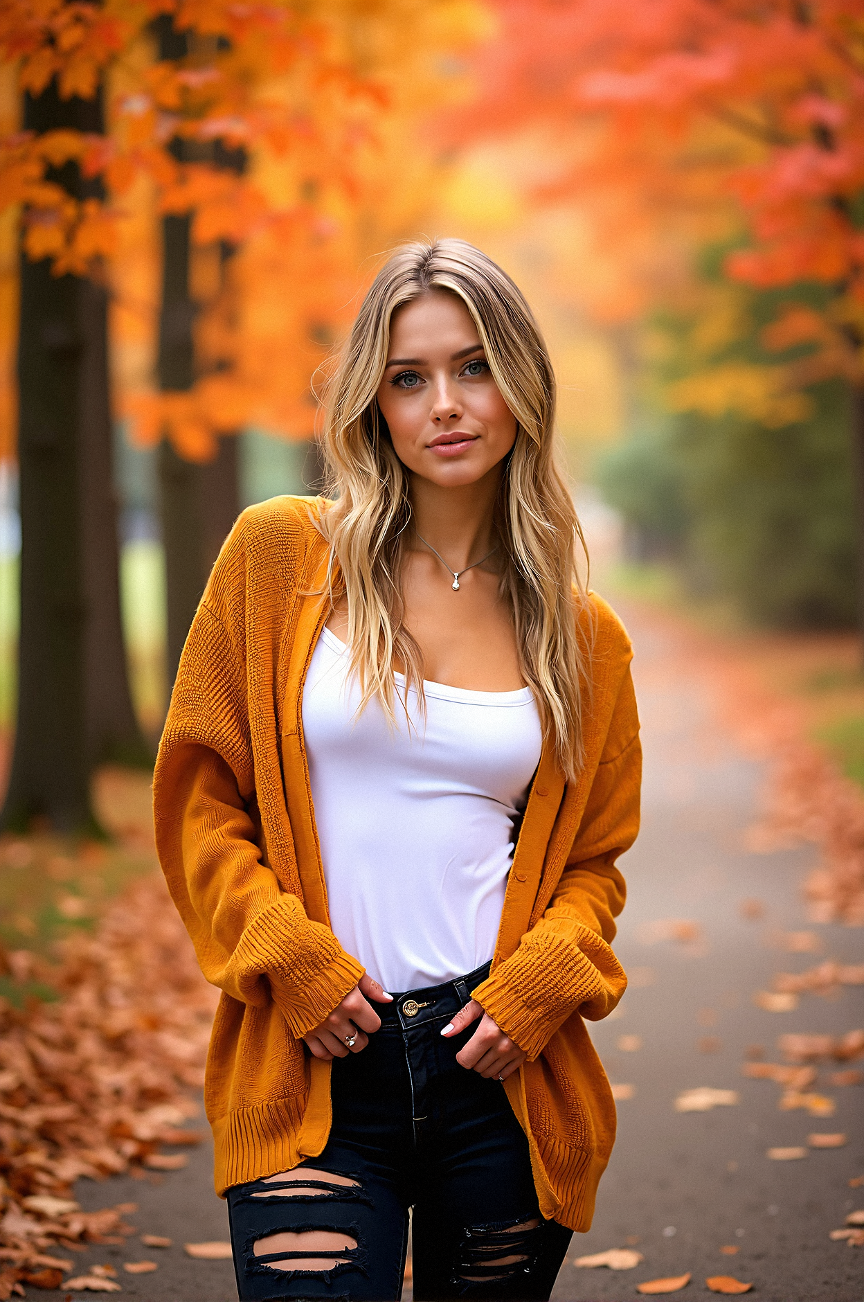 From the male POV, a 20-year-old girlfriend, Her wavy blonde hair falls casually over her shoulders, framing her face with light blue eyes and thick eyebrows. Long eyelashes and minimal makeup accentuate her natural beauty, with an ample bosom completing her look.

the 20-year-old girlfriend  wearing Oversized mustard cardigan, white tank to, and black ripped jeans,

Outdoor Backgrounds:
A forest trail lined with vibrant red and orange trees, leaves gently falling as a light breeze moves through.





































