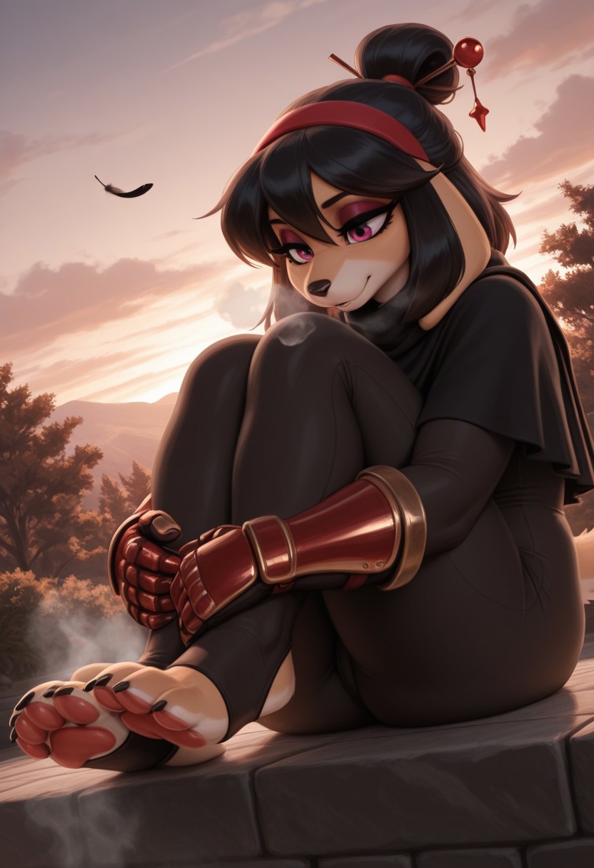 outdoors, undershirt, falling feathers, black bodysuit, hair stick, hugging own legs, , gauntlets,   eyeshadow,   red gloves, black capelet, red hairband, pink eyes, medium hair, black hair, 1girl, solo,
 dynamic angle, foreshortening, furry, furry female, anthro, paws, claws, pawpads, steam, smell, visible, breath, patacon