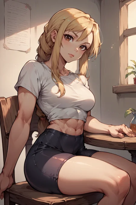 score_9, score_8_up, score_7_up, score_6_up, source_anime, 1girl, solo BREAK  <lora:agrias-pdxl-nvwls-v1-000005:0.9> agrias, blonde hair, brown eyes, braided ponytail, medium breasts, white t-shirt, spandex shorts, midriff, sitting, chair, table, looking at viewer, head tilt, toned body