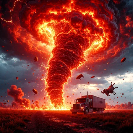 (Clip_L).
Under a churning, stormy sky, a monstrous red tornado rips through the open landscape, casting a fiery glow across the scene. The tornado is ablaze, its spiraling core churning with flames that lick outward, casting fierce, blood-red light over everything. The storm crackles with crimson lightning, illuminating the tornado in vivid shades of scarlet and orange, amplifying its chaotic, destructive energy.
The base of the tornado is a swirling maelstrom of debris and flying objects, hurtling through the air with wild abandon. Cars and trucks are tossed like toys, fragments of buildings are ripped apart midair, and even livestock — a cow suspended in a helpless spin — are caught in the cyclone’s relentless grip. (Camera captures a poor cow flying mid-air near a truck). The ground around the tornado is scorched and smoking, with patches of fire spreading across the landscape, adding to the scene’s apocalyptic feel.
Shadows stretch and flicker as the flames cast eerie light across the devastation, while the dynamic contrasts of fire, lightning, and shadow create a terrifying display of power and destruction. Each detail is rendered in ultra-high definition, with cinematic lighting emphasizing the catastrophic force of this storm, capturing the fierce beauty and sheer chaos of nature’s wrath in an unforgettable, nightmarish landscape.