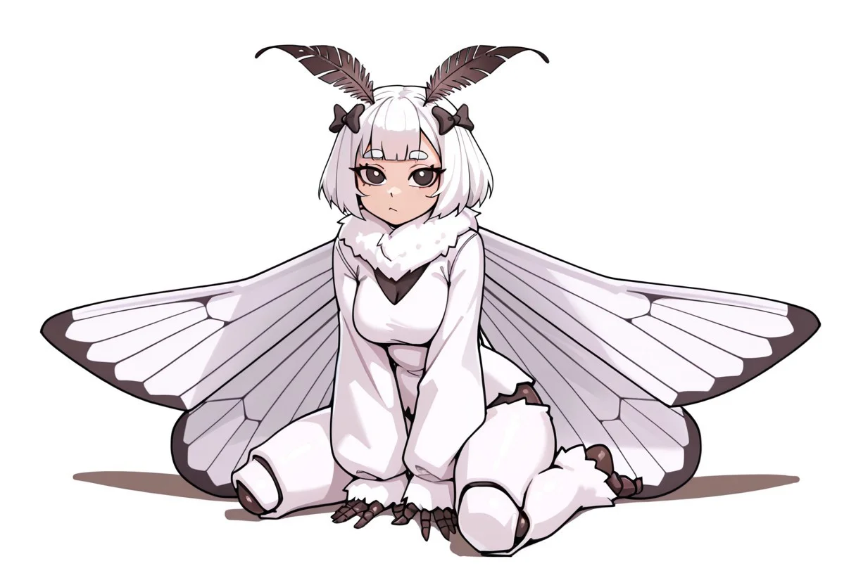 lazypos, girl focus, 1girl, monster girl, solo, neck fur, white background, looking at viewer, moth girl, arthropod girl, wings, hair bow, simple background, bow, white hair, insect wings, antennae, short hair, sitting, black bow, blunt bangs, long sleeves, breasts, arrax00