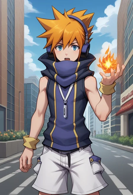 score_9, score_8_up, score_7_up, source_anime, highly detailed,
nekusakuraba, solo, 1boy, male focus, headphones, orange hair, black hair, multicolored hair, spiked hair, blue eyes, looking at viewer, hoodie, sleeveless hoodie, high collar, hand up, spell, flame spell, surprised, open mouth, white shorts,
outdoor, street, building, sky, cloud,