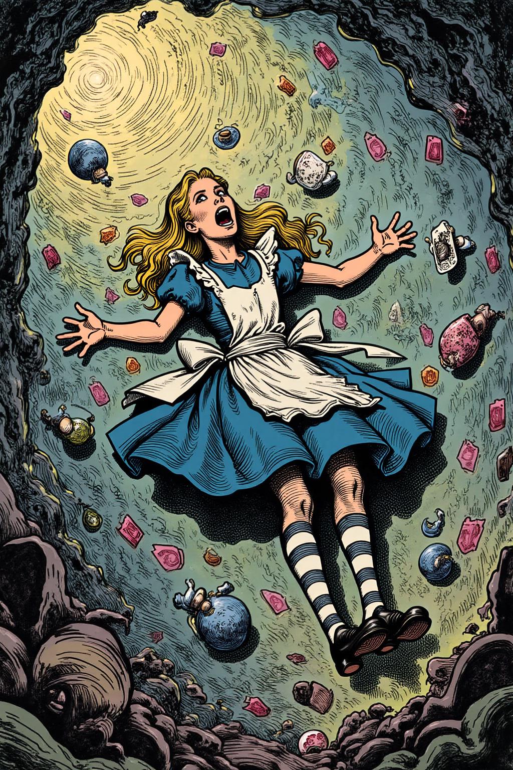 gusdore1illustration.
Overhead view of Alice in Wonderland falling into the rabbit hole, with her legs dangling beneath her. She is looking upward, her face filled with shock and terror as she screams. Her blue dress and white apron billow out around her as she tumbles, while her striped stockings and black shoes are visible below. The rabbit hole is a swirling, chaotic mix of vibrant colors, playing cards, teacups, and other Wonderland objects floating around her. Soft glowing light emanates from the tunnel walls, adding an eerie, fantastical feel to the scene. The sense of motion and fear is palpable as Alice falls deeper into the unknown.  <lora:gusdore1_flor2_d4a2:1.0><lora:799565358513103355:0>
