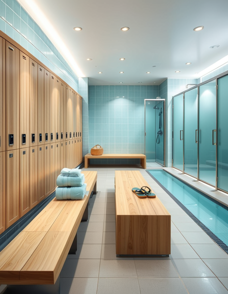 A realistic photograph of a modern swimming pool changing room, featuring clean, sleek design with white tiled walls and light blue accents. Rows of wooden benches with metal frames are neatly aligned in the center of the room. On the sides, there are individual lockers with glossy pastel-colored doors (light blue, mint green, and pale yellow), each with small number labels. Hooks are mounted on the walls, some holding neatly folded towels. The floor is made of non-slip gray tiles, slightly wet, reflecting the soft overhead LED lighting. The atmosphere is fresh and inviting, with a subtle fog from the pool area beyond a frosted glass door at the back. To the left side of the room, a large mirror spans the wall above a counter with built-in sinks, chrome faucets, and a few small bottles of hand soap. A subtle reflection of the interior is visible in the mirror. No people are present in the room. The lighting is bright but natural, as if itâs daytime with soft sunlight filtering through small high windows. The mood is calm, clean, and welcoming, captured with a high-resolution camera in photorealistic style. 
<lora:SDXLFaeTastic2400:0.4> <lora:extremely_detailed:0.4> extremely detailed,<lora:swimming_pool_ch4ng1ng_r00m:1>,swimming pool ch4ng1ng r00m, Masterpiece,best quality,hi res,8k,hi res,8k,award winning,(sharp focus, intricate, highly detailed),