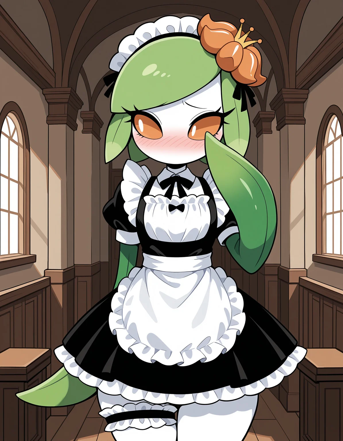 masterpiece, best quality, amazing quality, very detailed, newest, no humans, WnHLlgnt, white skin, colored sclera, orange flower, orange eyes, pokemon \(creature\), (solo), 1boy, male, male only, anthro, femboy, girly, maid dress, french maid, maid headwear, embarrassed, leg band, looking away, blush, mansion, long eyelashes, hand at face, black eyelashes, crossdressing, leaf arms, <lora:4602d1f3-31a2-4c2b-a02f-c6bff6e0e89d:0.9>