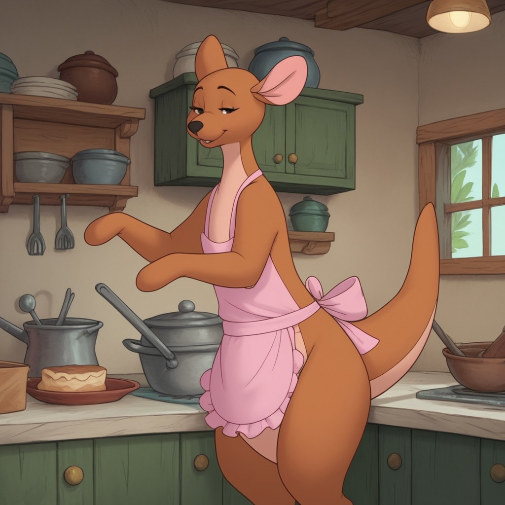 score_9, score_8_up, score_7_up, score_6_up, score_5_up, score_4_up source_furry, WtPKangav2, semi-anthro, female, kangaroo, brown fur, inside, pink apron, frilly apron