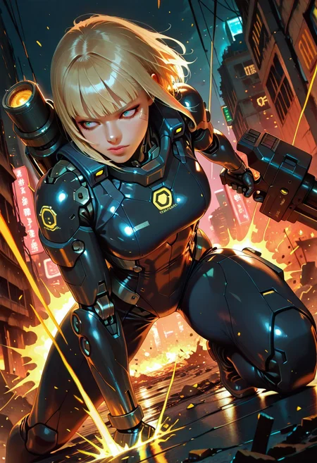 (fine fabric emphasis:1.2), (((masterpiece, amazing quality, best quality, ultra-detailed, 8K, illustration, amazing quality, newest, absurdres, realistic))), highres, very aesthetic, absurd res, hi res, very awa, dynamic angle, refined, volumetric lighting, cinematic lighting, blurry background, close up vivid colors, ((source_realistic:1.6)), hyper detailed, (dynamic pose:1.4), depth of field, cyb3rwar3, Cyberware, cybernetic lines, exposed mechanics, cable,cyborg, mechanical parts, robot joints, mad-neonbody, Plasma Cannon, cybernetic, cyborg, masterpiece, best quality, amazing quality, very aesthetic, absurdres, newest, cybernetic, cyborg, plasma cannon, dynamic pose, charging plasma shot, glowing energy buildup, blonde hair, bangs, no face mask, intense expression, cinematic lighting, dramatic angle, cyberpunk ruins, futuristic battlefield, sparks, debris, energy glow, sci-fi armor, high-tech suit, battle-ready stance, motion blur, intricate mechanical