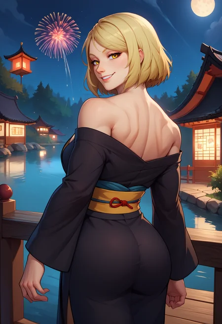score_9, score_8_up, score_7_up, BREAK 1girl, solo, LanaBeniko, yellow eyes, medium hair, blonde hair, <lora:LanaBenikoPDXL_V1-Manityro-CAME:1.0>, outdoors, night, dark, moon, fireworks, river, wooden bridge, east asian architecture, 
looking at viewer, smile, bedroom eyes, toned, biceps,
black kimono, rear view, back, off shoulder, looking back