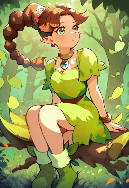 score_9, score_8_up, score_8, score_7, thiana_panepon, green eyes, pointy ears, jewelry, earrings, bracelet, brown hair, long hair, braided ponytail, braid, green dress, green boots, forest background, tree, (leaf:1.1), sitting, grass