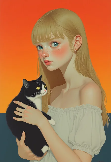 This is a photo depicting a pixie style woman holding a small cat against a gradient background transitioning from a deep orange at the bottom to a lighter orange at the top. The woman has long, straight blonde hair with bangs that partially cover her forehead. Her skin is fair with a light dusting of freckles on her cheeks and nose, giving her a youthful appearance. She has a delicate, almost ethereal look with large, expressive blue eyes and a slight blush on her cheeks. She is wearing a simple, off-the-shoulder white top that exposes her shoulders and upper arms, which are slender and smooth. Her expression is contemplative, with a slight furrow on her brow and a soft, almost wistful gaze directed downward at the cat. The cat she is holding is black and white, with a round face, large yellow eyes, and a fluffy tail. It appears to be a domesticated breed, possibly a British Shorthair, and is perched in her arms, looking up at her with a curious expression. The background is minimalistic, focusing attention on the subjects. cool atmosphere, punk attitude, shanshui, gongbihua