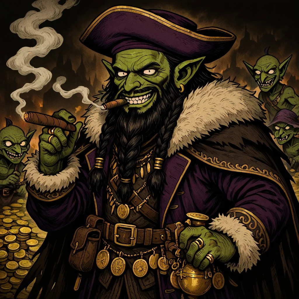 masterpiece, best quality, newest, absurdres, highres, HORCOMV1.0,
1boy, pimp, green skin, cape, coat, purple coat, fur trim, fur trimmed coat, gold trim, hat, purple hat, goblin, cigar, holding cigar, jewelry, rings, goblin, shortstack, beard, black beard, long beard, braided beard, old, old man, smoke, smoking, solo, solo focus, gold, coins, pouch, pouches, evil, grin, evil grin,