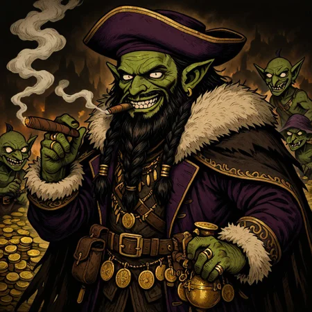 masterpiece, best quality, newest, absurdres, highres, HORCOMV1.0,
1boy, pimp, green skin, cape, coat, purple coat, fur trim, fur trimmed coat, gold trim, hat, purple hat, goblin, cigar, holding cigar, jewelry, rings, goblin, shortstack, beard, black beard, long beard, braided beard, old, old man, smoke, smoking, solo, solo focus, gold, coins, pouch, pouches, evil, grin, evil grin,