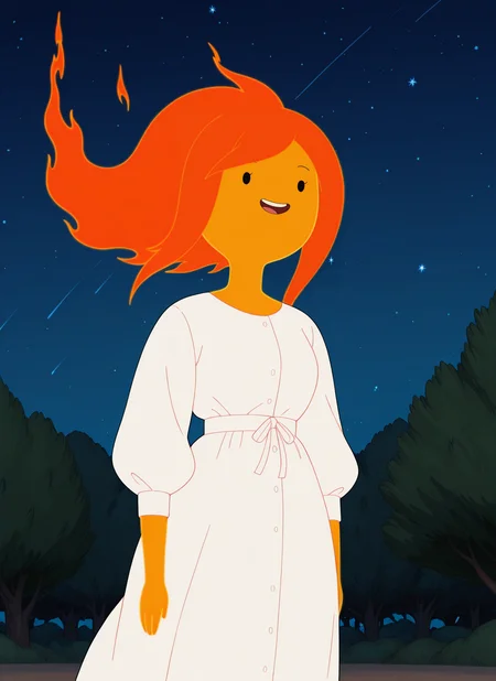 artist:, masterpiece, best quality, newest, very awa, absurdres, highres, advt, 1girl, flmp, smile, open mouth, orange skin, dot eyes, flame hair, casual outfit, looking at viewer, night, stars, wind, detailed, <lora:SDXL\Illustrous\Adventure_Time_style_and_characters:1.0>