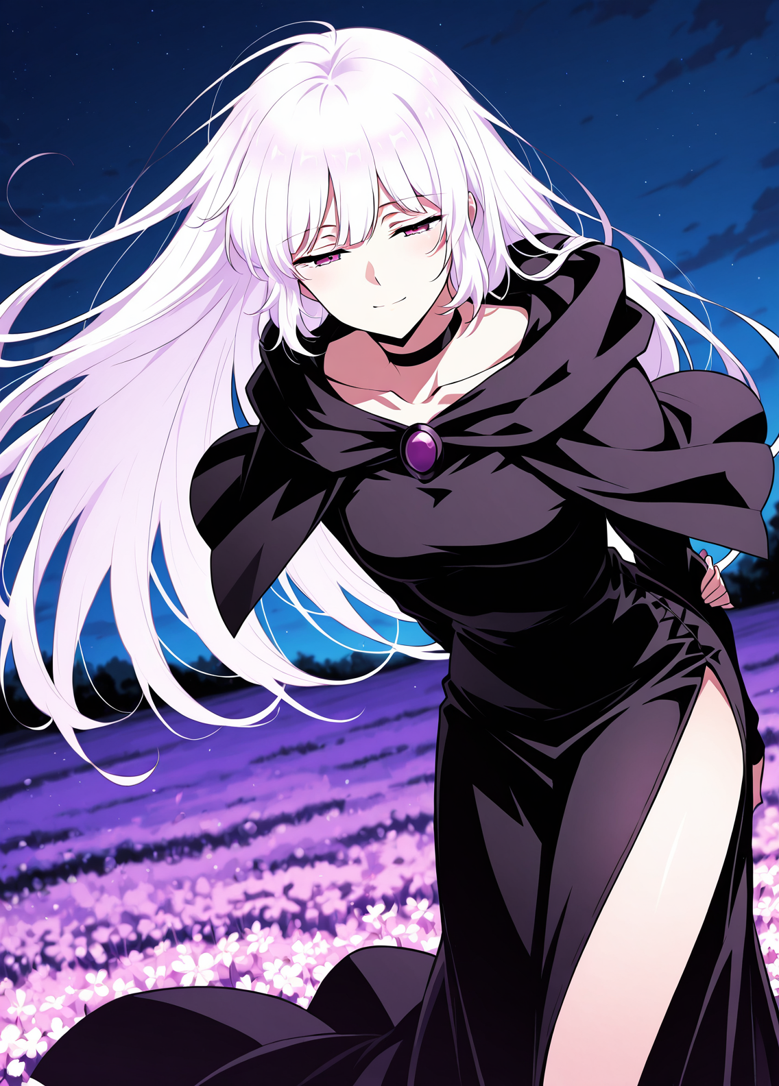 <lora:Pleu__The_Knight_King_Who_Returned_with_a_God__Illustrious:1>
1 girl, solo, purple eyes, long hair, white hair, bangs, 
black dress, long dress, barefoot, black choker, long sleeves, capelet, jewelry, hood, collarbone, side slit, 
score_9, score_8_up, score_7_up, very aesthetic, source_anime, detailed, high quality, beautiful, masterpiece, detailed eyes, field, blurry background, pose dynamic angle, upper body, cowboy shot, light smile, floating hair, half-closed eyes, hands behind back, leaning forward, looking forward, looking at viewer, night