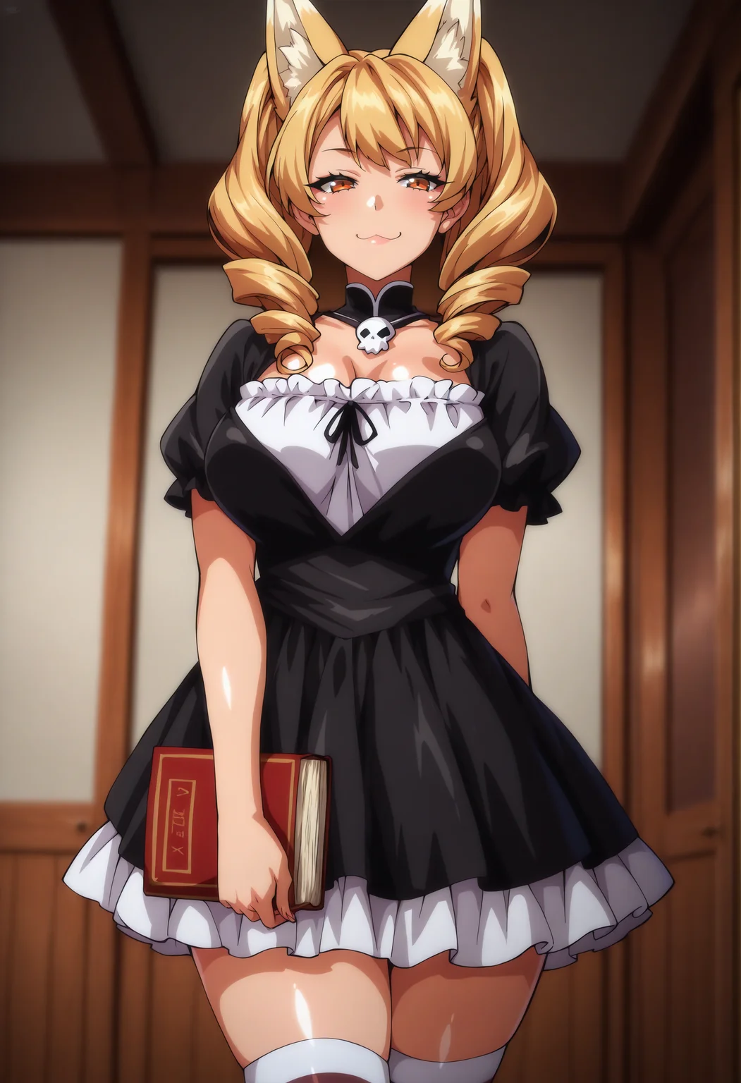 masterpiece, best quality, anime coloring, shiny skin, <lora:antechinusStyle_illusXL_Incrs_v2-000016:1>, 1girl, mature female, fox ears, blonde, twin drills, skull accessories, orange eyes, smug, :3, black dress, skirt, frills, medium breasts, black and white striped thighhighs, holding book, from front, cowboy shot, japanese household, looking at viewer, indoors, very aesthetic, absurdres