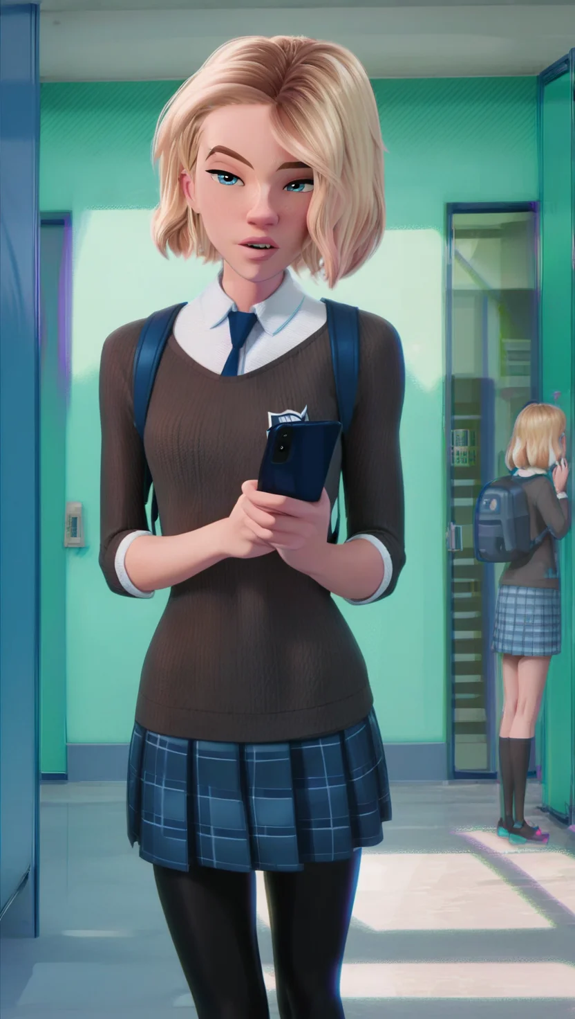 score_9_up, score_8_up, score_7_up, source_cartoon, show accurate style, halftone, ben-day dots, chromatic aberration, gwenschool, blonde hair, medium hair, blue eyes, eyebrow piercing, black sweater, collared shirt, white shirt, blue necktie, 1girl, solo, blue plaid skirt, black leggings, leaning back, cowboy shot, narrowed eyes, backpack, hallway, parted lips, holding cell phone,AddXL,Perfect Hands, foreshortening, locker,