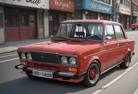 masterpiece, best quality, zh1g4, no humans, vehicle focus, car, street, red car,