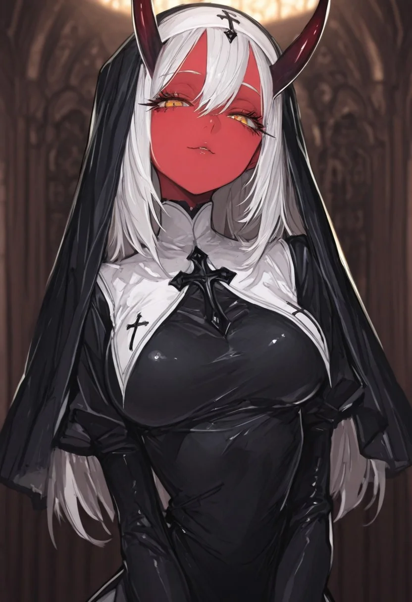 masterpiece, best quality, amazing quality, 1girl, hair ornament,
8K, illustrating, CG, detailed-eyes, detailed background, cute girl, eyelashes, lowlight
BREAK
sexy, slutty, hot, aroused,
BREAK
detailed background, eyelashes, erotic, looking seductive, coy. dynamic action image, detailed face, detailed eyes, direct mesmerizing gaze,
BREAK
(EyesHD:1.2), (4k,8k,Ultra HD), masterpiece, best quality, ultra-detailed, very aesthetic, sharp focus, depth of field, ray tracing, best lighting, detailed illustration, detailed background, cinematic, beautiful face, beautiful eyes,
BREAK
Aka-Oni, oni, colored skin, red skin, smooth horns, black horns,
BREAK
medium breast, slim waist, nun outfit,