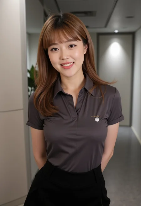 photo of a natural 20 year old korean girl , soro, shiny skin, lips, super detailed skin, detailed beautiful face and eyes, spotlight, professional lighting, brown hair, upper body, stewardess, black skirt, aviation industry, short shirt, smile,