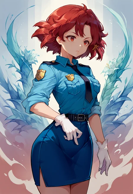 score_9, score_8_up, source_anime, 1girl, solo, Izetta, short hair, hair ribbon, police uniform, blue shirt, black necktie, badge, sleeves rolled up, white gloves, blue skirt, pencil skirt, <lora:ChamIzettaPonyXL:1>