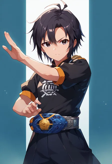 score_9, score_8_up, score_7_up, source_anime,
kkcmkt, short hair, black hair, antenna hair, hair between eyes, black eyes, flat chest, small breasts, rider belt, henshin pose