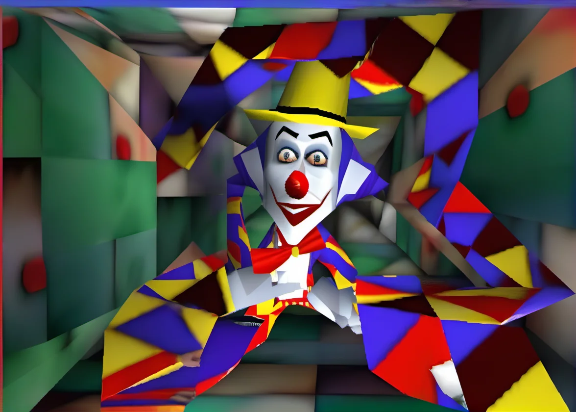 Twisted, cubist-painting of a clown in Transonic speed, ultra-HD. , (ps1 style), <lora:ps1_style_SDXL_v1:1> , (game screenshot), (computer generated image)