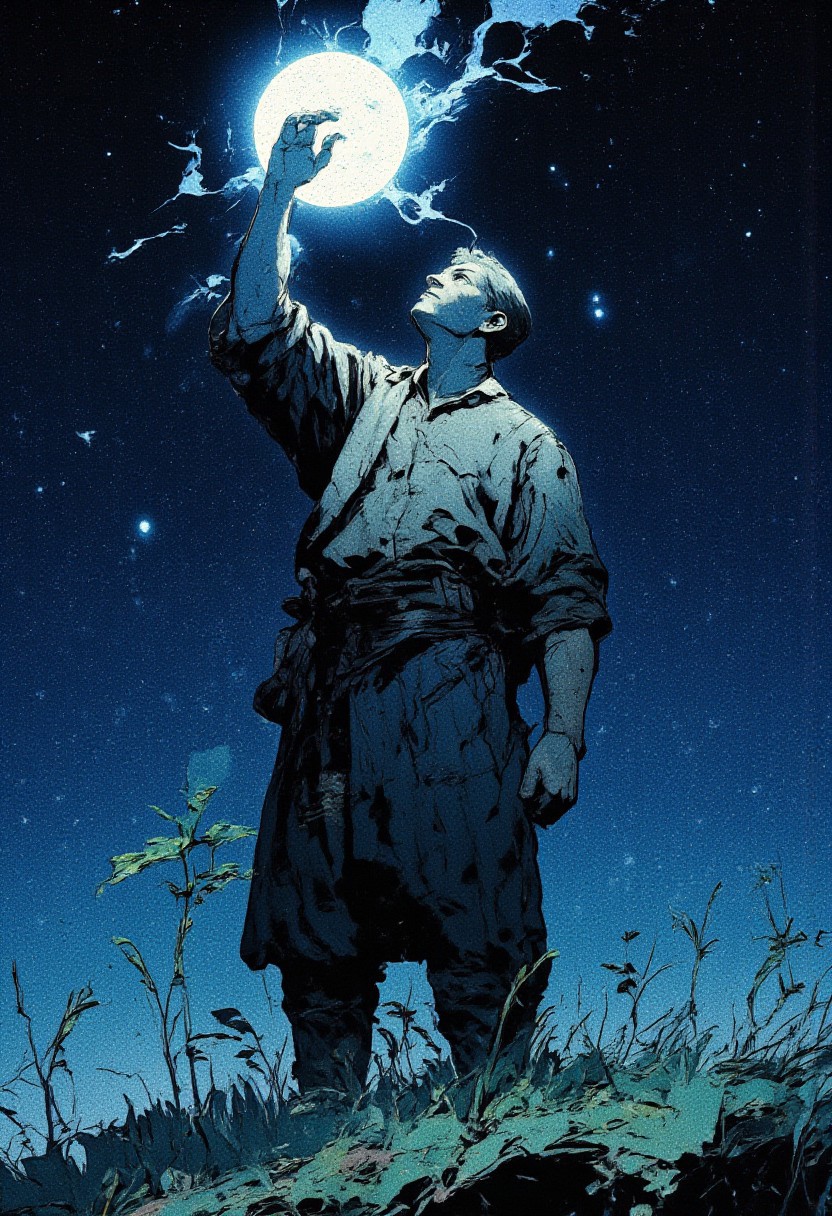 4k quality, (Perfect hand), anime, (masterpiece), (detailed face), detailed
A man standing in a grassy field. He is looking up at the night sky. (He holds one hand upwards, acting like he is holding up the moon). Stars and ethereal cosmic light shine in the background. 
The overall mood is surreal, melancholic, and otherworldly, with deep shadows and cool, mysterious cosmic energy.