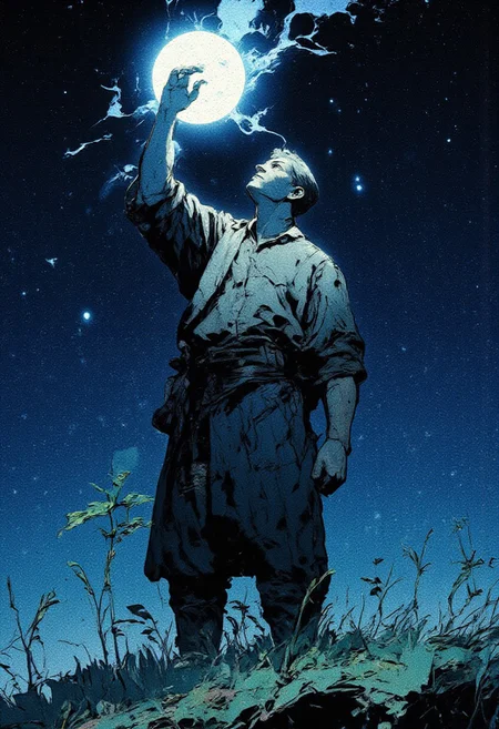 4k quality, (Perfect hand), anime, (masterpiece), (detailed face), detailed
A man standing in a grassy field. He is looking up at the night sky. (He holds one hand upwards, acting like he is holding up the moon). Stars and ethereal cosmic light shine in the background.
The overall mood is surreal, melancholic, and otherworldly, with deep shadows and cool, mysterious cosmic energy.