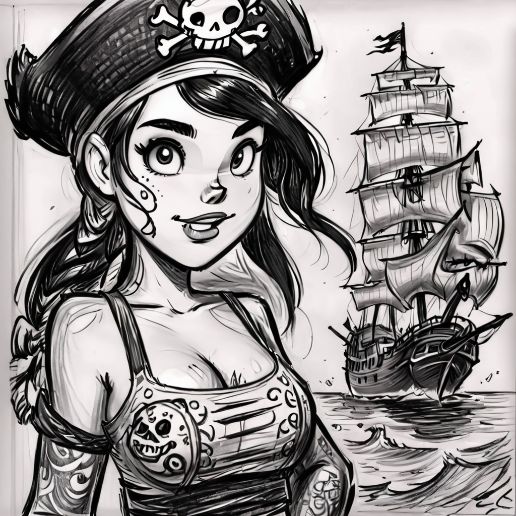 drawix18 pirate girl, black ink, very detailed <lora:drawix18:0.8>