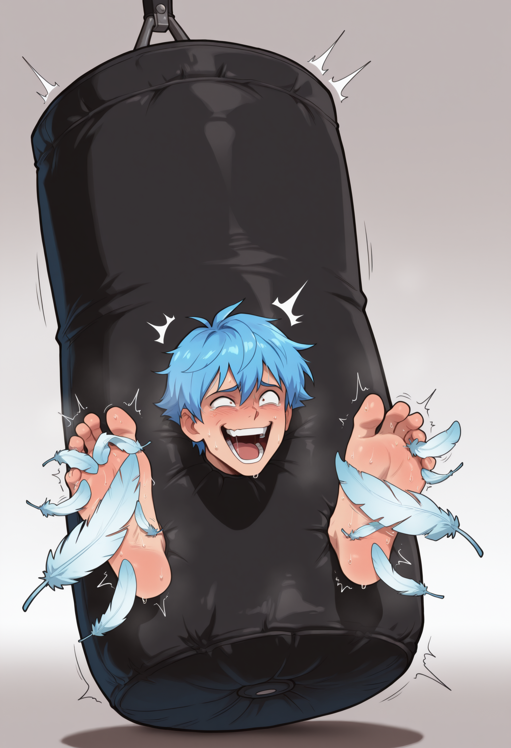 masterpiece,best quality,amazing quality,1boy, solo. man stuck in black punching bag, head out, feet out, laughing. he has blue hair, toe scrunch, open mouth. there are feathers tickling  his feet. he is twitching, sweating, steaming