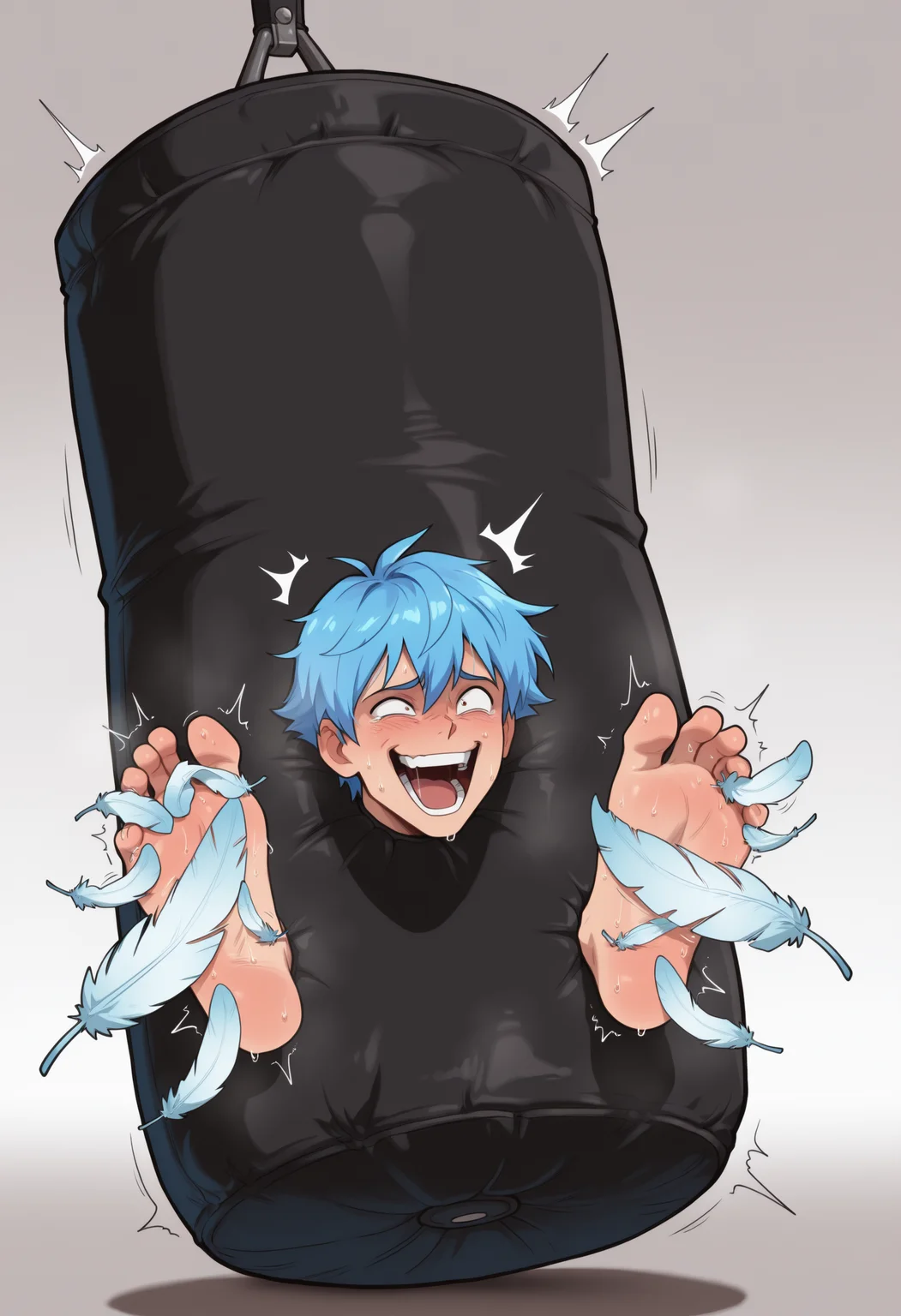 masterpiece,best quality,amazing quality,1boy, solo. man stuck in black punching bag, head out, feet out, laughing. he has blue hair, toe scrunch, open mouth. there are feathers tickling his feet. he is twitching, sweating, steaming