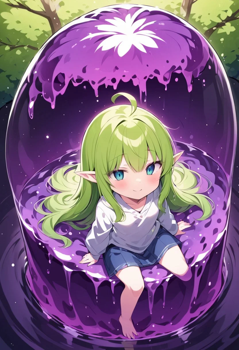 (masterpiece), (score_9, score_8_up, score_7_up,source_anime), 4K8K, best quality, high res image, illustration, Uncorrected, CG,
(girl view from above. look-doen angle:1.3), from behind,
1 elf woman sitting on a giant white grape slime, pretty white slime, (lot of white grape cubes around woman), (hair over breasts, long hair, hair censor:1.4), twinkle grape cube,
slime, slime like a white grape, white grape slime, see-through slime,
BREAK
small breasts, elf ears,
(gradient hair, green hair, very long hair, Bangs covered eyes, ahoge, hair over breasts, hair censor),
(hair blind eyes, half opened eyes, jitome, smile),
wearing hooded robe, linen dress, culottes, denim short culottes,
in orchard, fruit orchard, fruits trees,